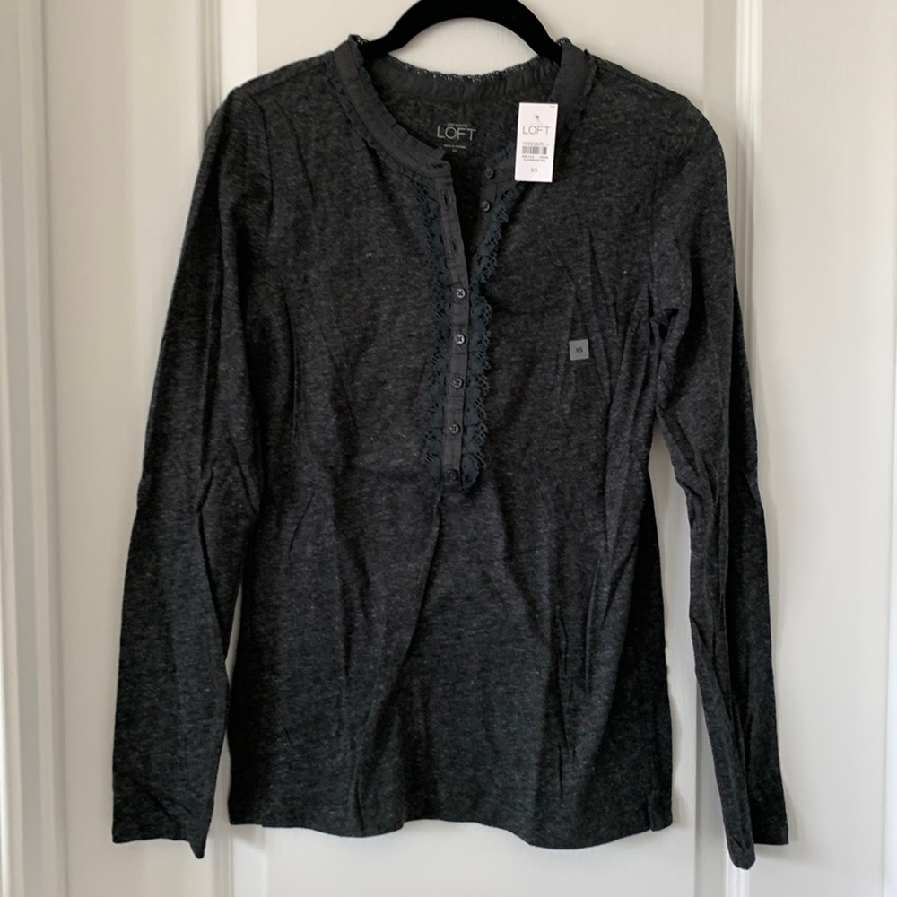 NWT LOFT Gray 100% Cotton Ribbon Neckline Long Sleeves Top Size XS